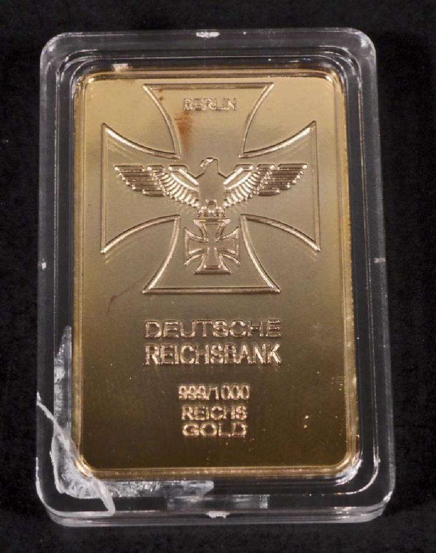 POST WAR GERMAN NAZI DEUTSCHE REICHSBANK GOLD / BRASS: Measures 1 1/8" wide by 1 3/4" tall. Die struck double sided brass construction. Neat for display. Excellent condition.