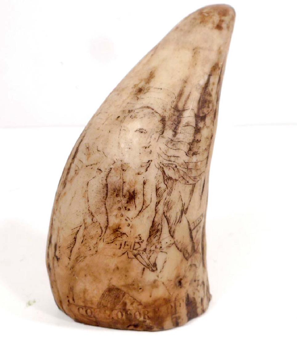 COMMODORE PERRY SCRIMSHAW WHALE TOOTH - RESIN: 5" long