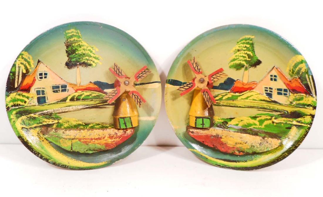 LOT OF 2 VINTAGE HAND PAINTED WINDMILL WALL ART PIECES: Made in Poland. 6" diameter