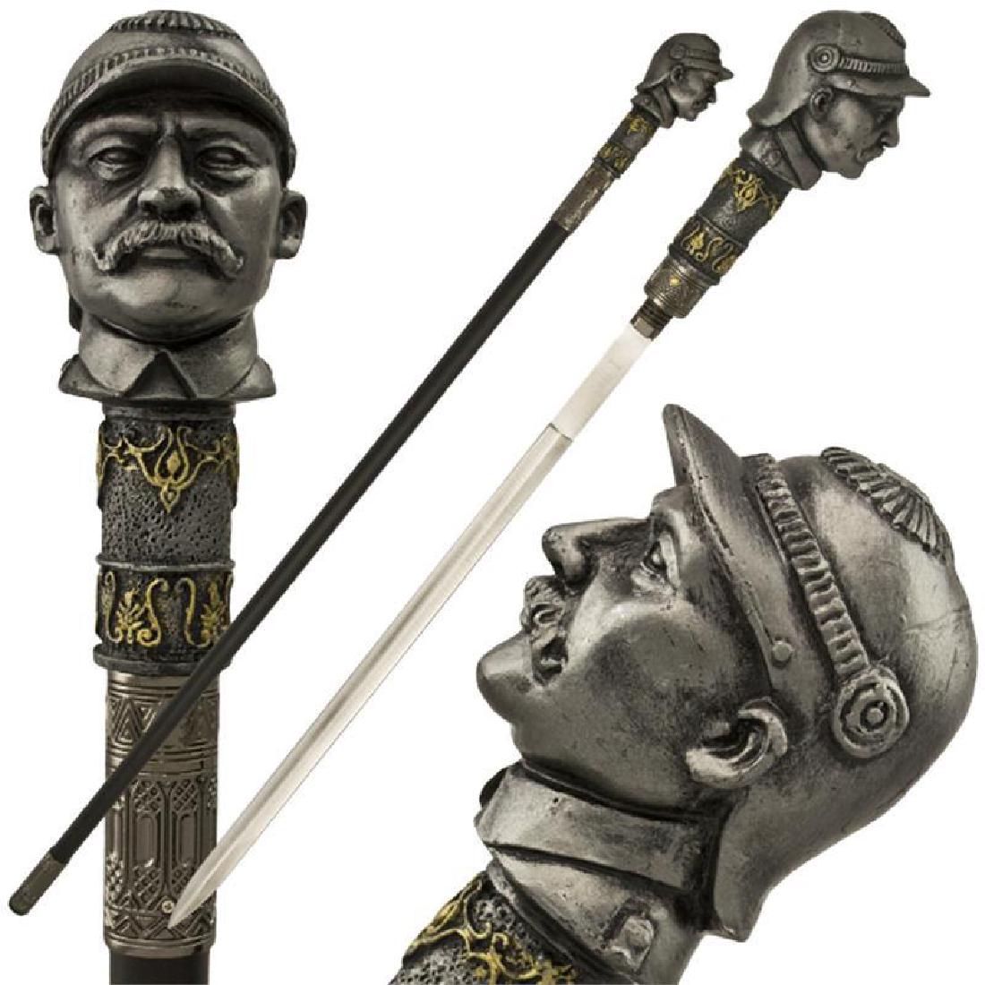 Soldier Walking Cane with Hidden Sword: 43 inch overall length - Engraved steel accents on cane