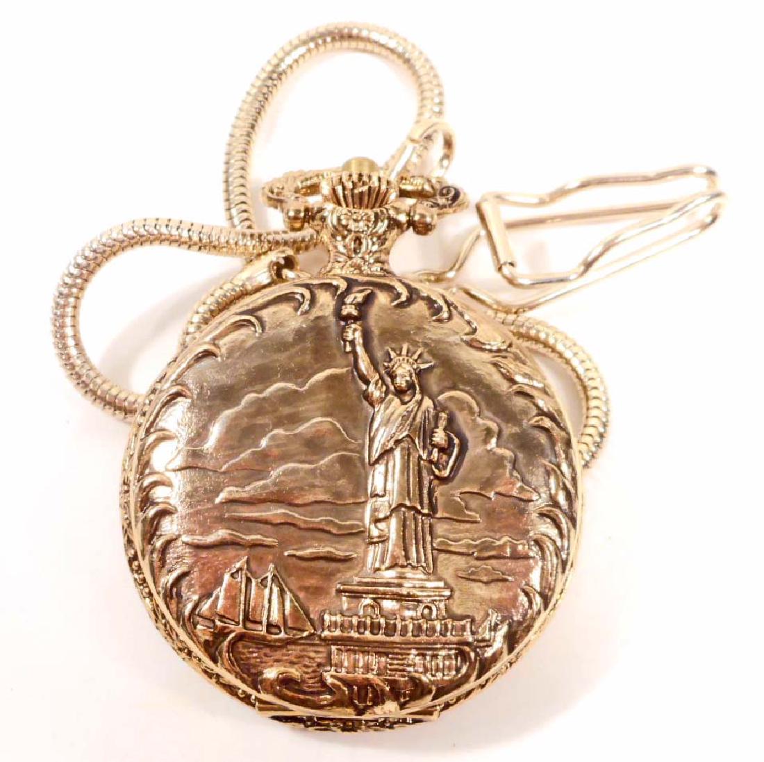 USA OLYMPICS LIMITED EDITION POCKET WATCH W/ CHAIN: Embossed Statue of Liberty and Bald Eagle on Case