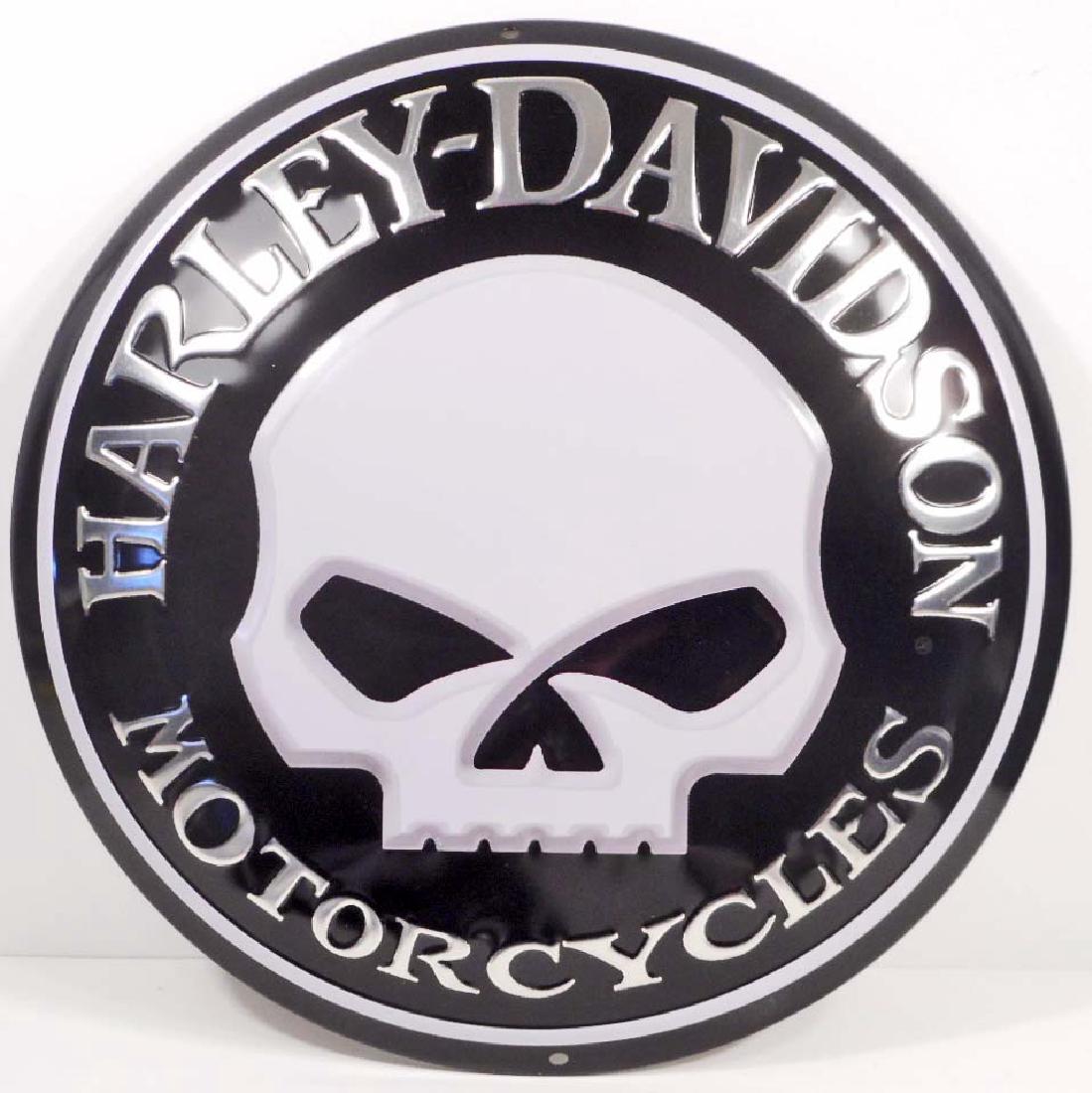 HARLEY DAVIDSON SKULL ROUND BUTTON EMBOSSED METAL TIN: 14" Diameter