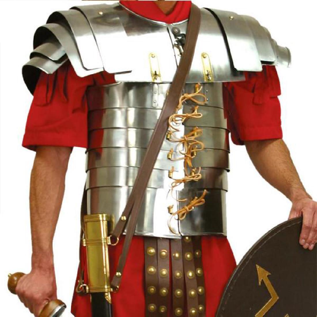 Lorica Segmentata Carbon Steel and Brass Armor: Hand Made 18 gauge steel - Fits chest sizes up to 46" - Accurate design modeled after a type excavated in Scotland