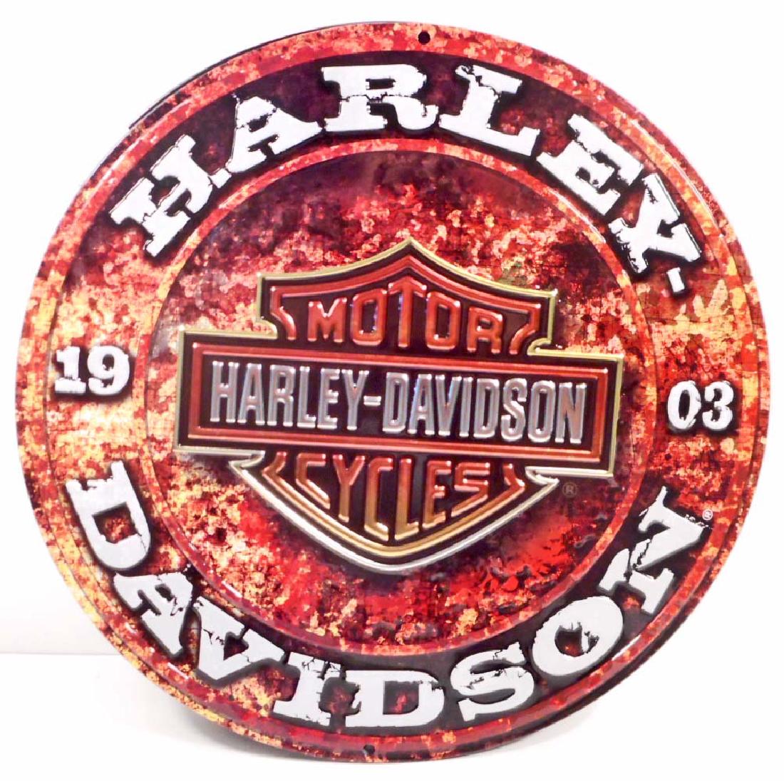 HARLEY DAVIDSON MOTORCYCLES ROUND EMBOSSED METAL TIN: 14" Diameter