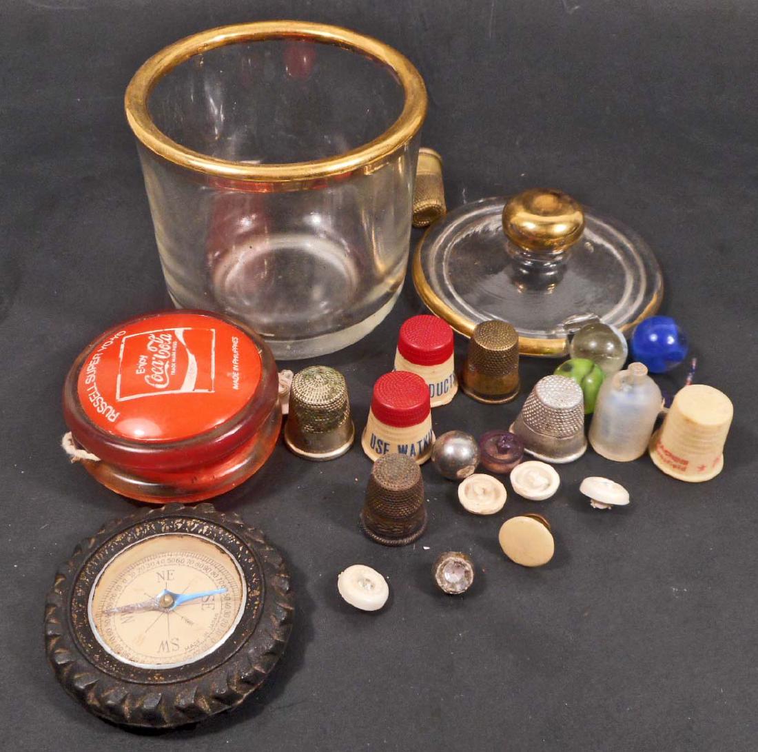 LOT OF VINTAGE MISCELANEOUS TREASURES: Compass, Coca-Cola Advertising Yo-Yo, Vintage Advertising Thimbles, Metal Thimbles, Vintage Buttons, more