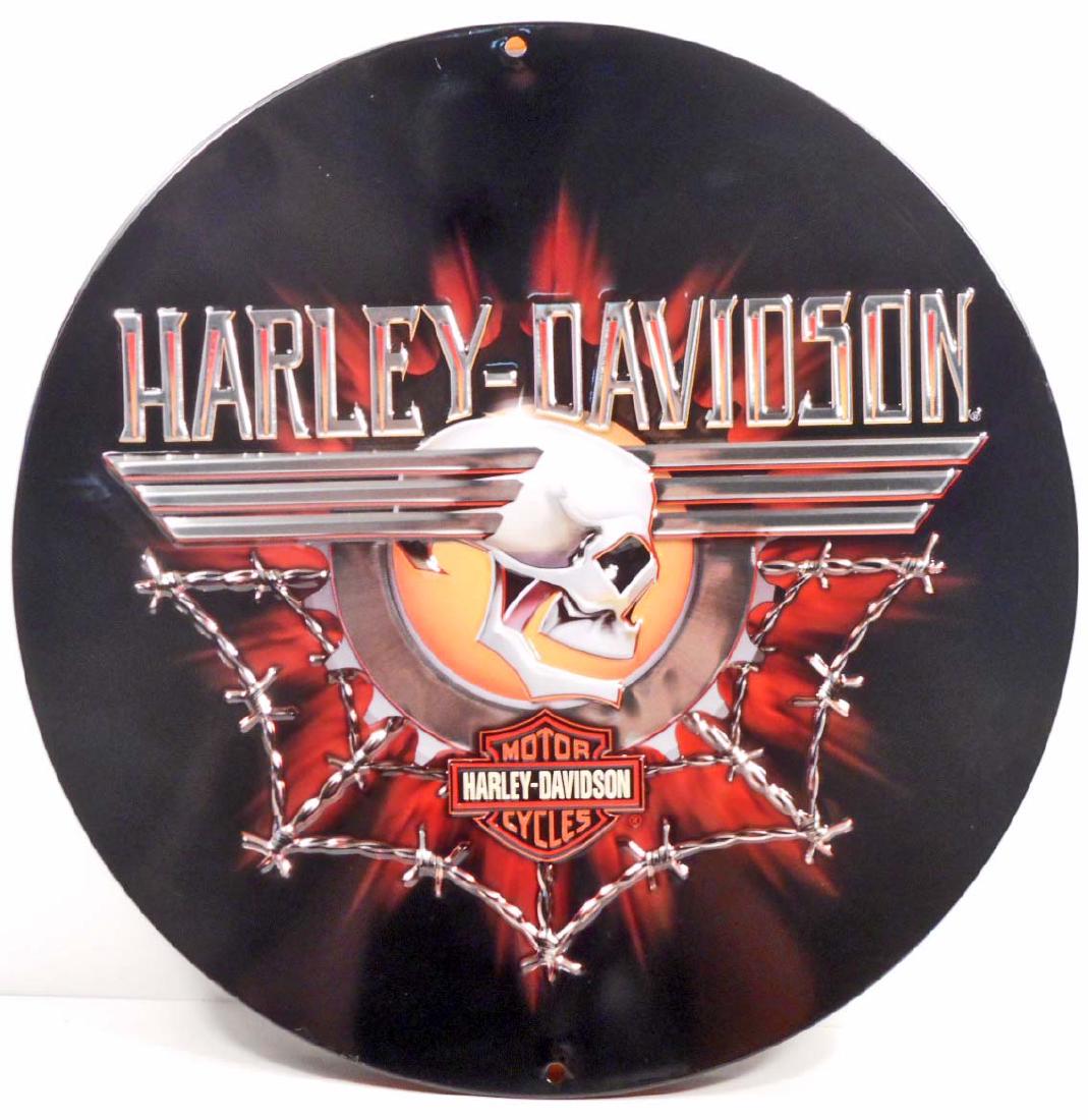 HARLEY DAVIDSON BARB WIRE ROUND EMBOSSED METAL TIN: 14" Diameter