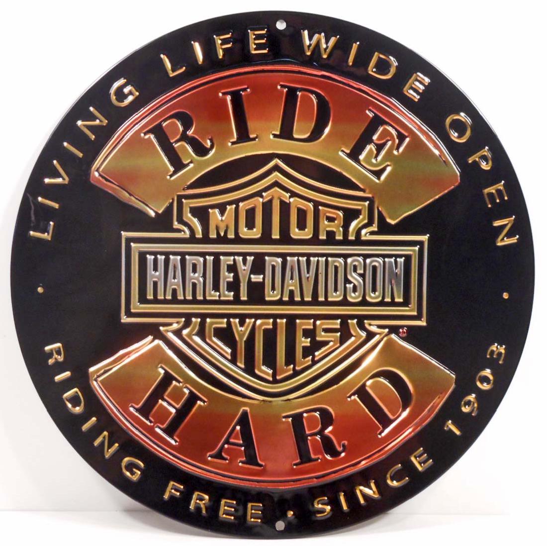 HARLEY DAVIDSON RIDE HARD ROUND EMBOSSED METAL TIN SIGN: 14" Diameter