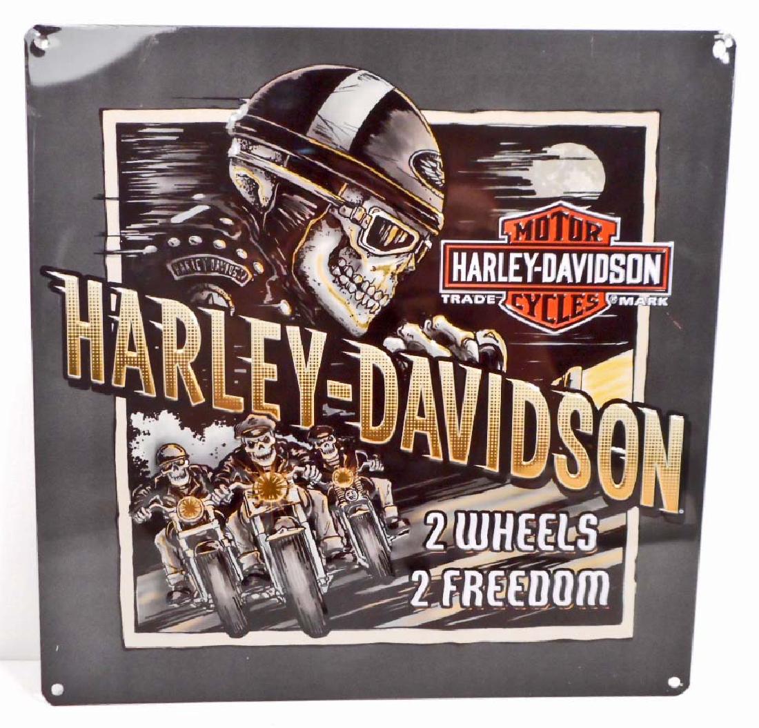 HARLEY DAVIDSON 2 WHEELS TO FREEDOM EMBOSSED METAL TIN: 14.5" x 14.5"