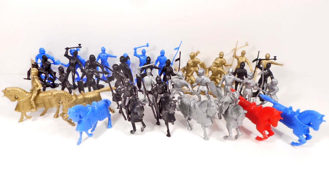 LARGE LOT OF VINTAGE MARX RE-ISSUE MIDIEVEL KNIGHTS: Blue, Silver, Gold and Black. Each approx. 2" tall