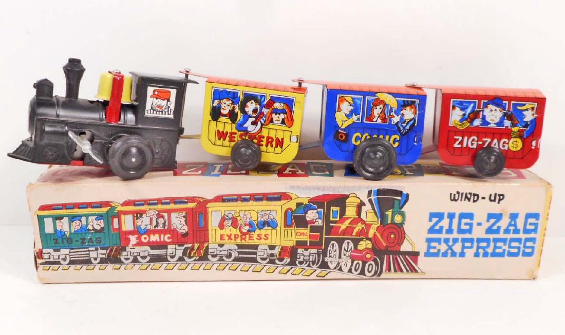 VINTAGE ZIG-ZAG EXPRESS TIN LITHO WIND UP TRAIN TOY: In Original Box