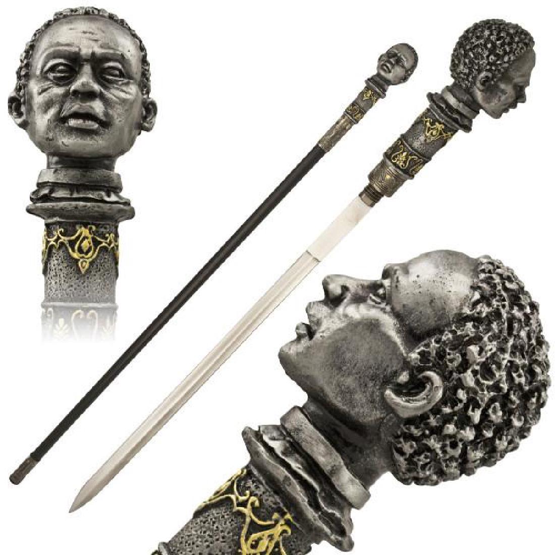 Slave Black Man Walking Cane with Hidden Sword: 43 inch overall length - Engraved steel accents on cane