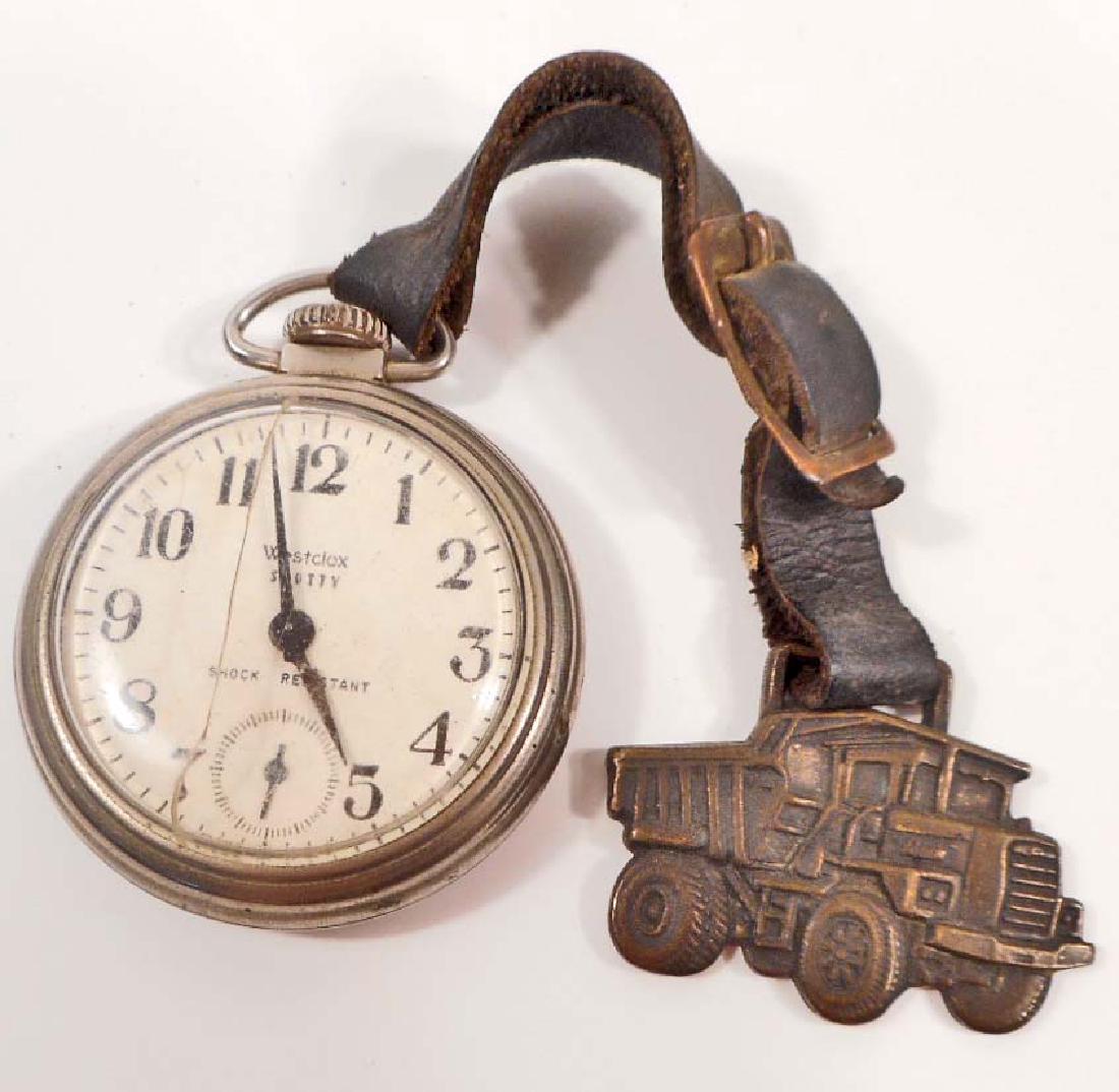 VINTAGE WESTCLOX SCOTTY POCKET WATCH W/ FOB: Crack on face cover - Fob is a mack dump truck