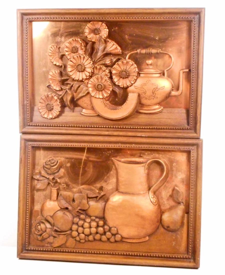 LOT OF 2 VINTAGE COPPERCRAFT WALL ART PICTURES: 3-D Floral & Fruit art. 16" by 11"