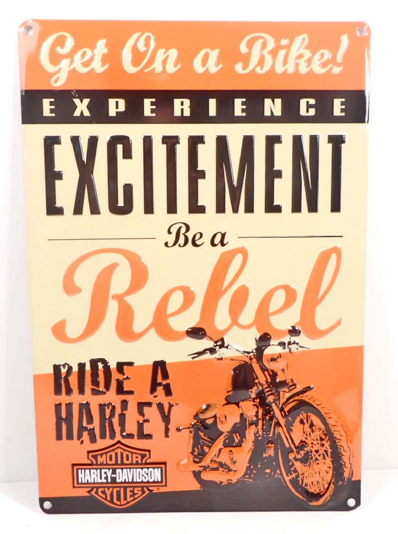 HARLEY DAVIDSON GET ON A BIKE EMBOSSED METAL TIN SIGN: 15" x 10"