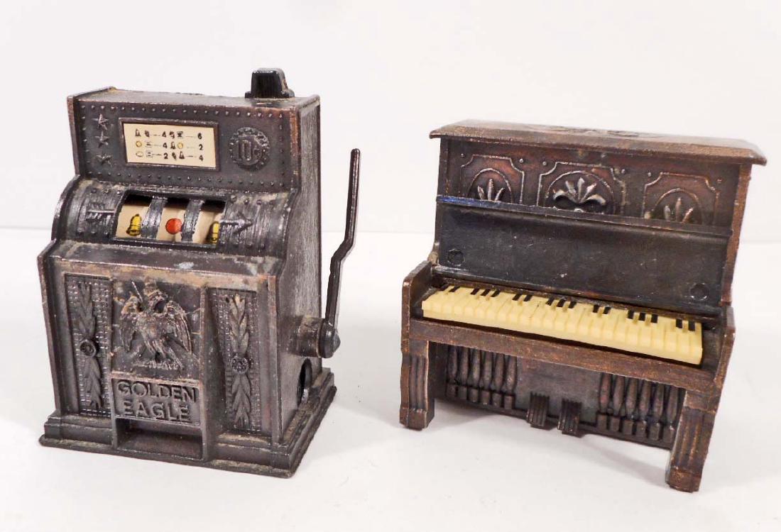 LOT OF 2 VINTAGE METAL FIGURAL PENCIL SHARPENERS: Slot Machine and Piano