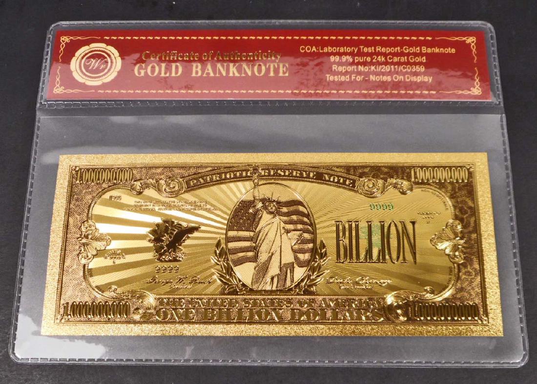 99.9% 24K ONE BILLION DOLLAR GOLD BANKNOTE W/COA (1 of 2)