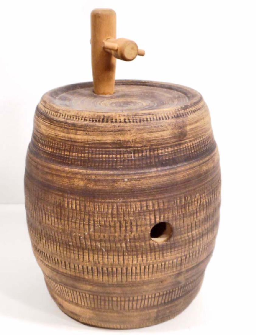 VINTAGE STONEWARE WATER KEG W/ WOOD SPIGOT: Marked USA on the bottom. 5" diameter by 7" long
