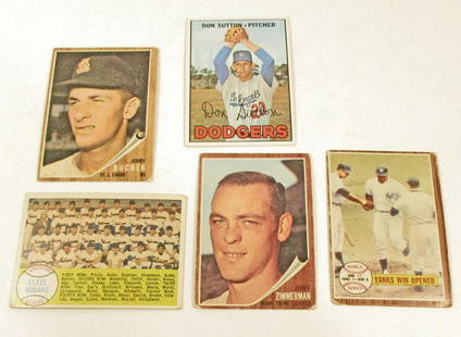 LOT OF 5 VINTAGE TOPPS BASEBALL CARDS: 1958 Cleveland Indians Team #158, 1962 Jerry Zimmerman #222, 1961Jerry Buchek #439, 1961 World Series Game #232, 1967 Don Sutton #445