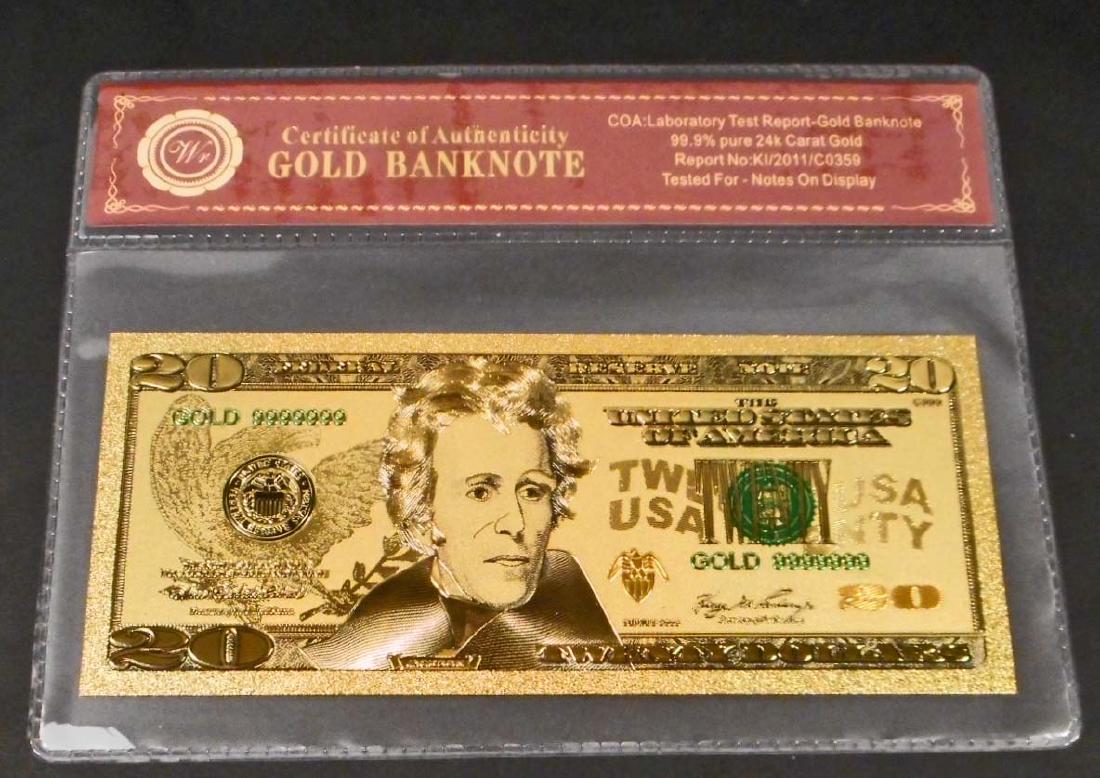 99.9% 24K TWENTY DOLLAR GOLD BANKNOTE W/COA: No monetary value