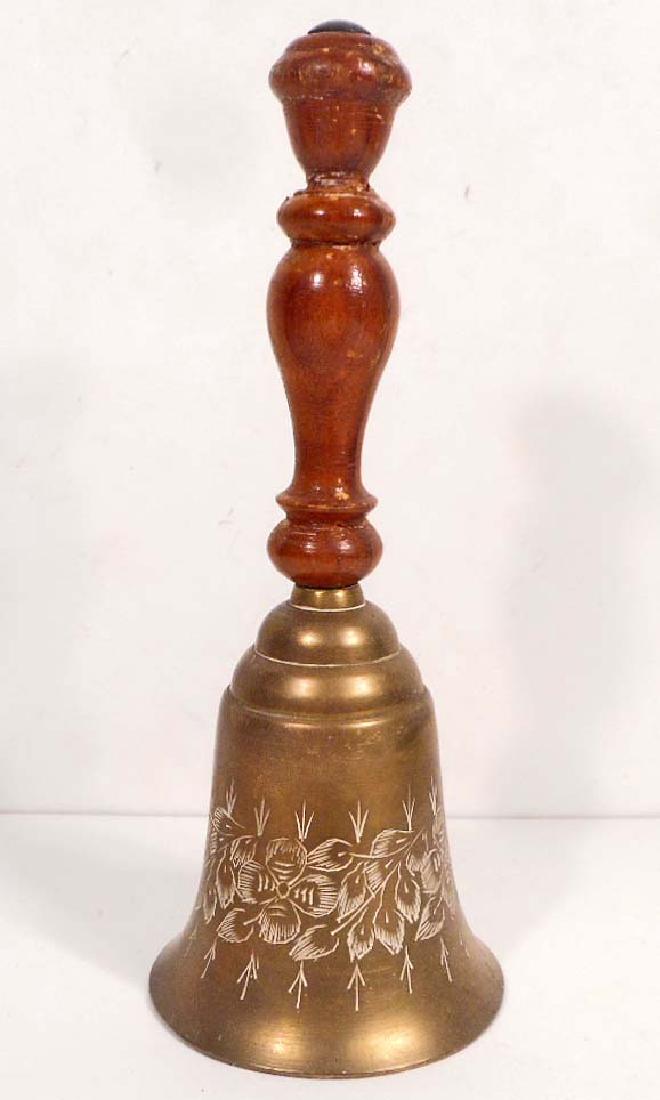 VINTAGE ETCHED BRASS SCHOOL BELL W/ WOOD HANDLE: 8.5" tall
