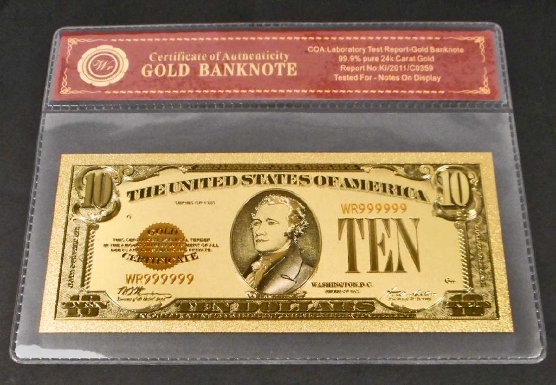 99.9% 24K TEN DOLLAR GOLD BANKNOTE W/COA: No monetary value