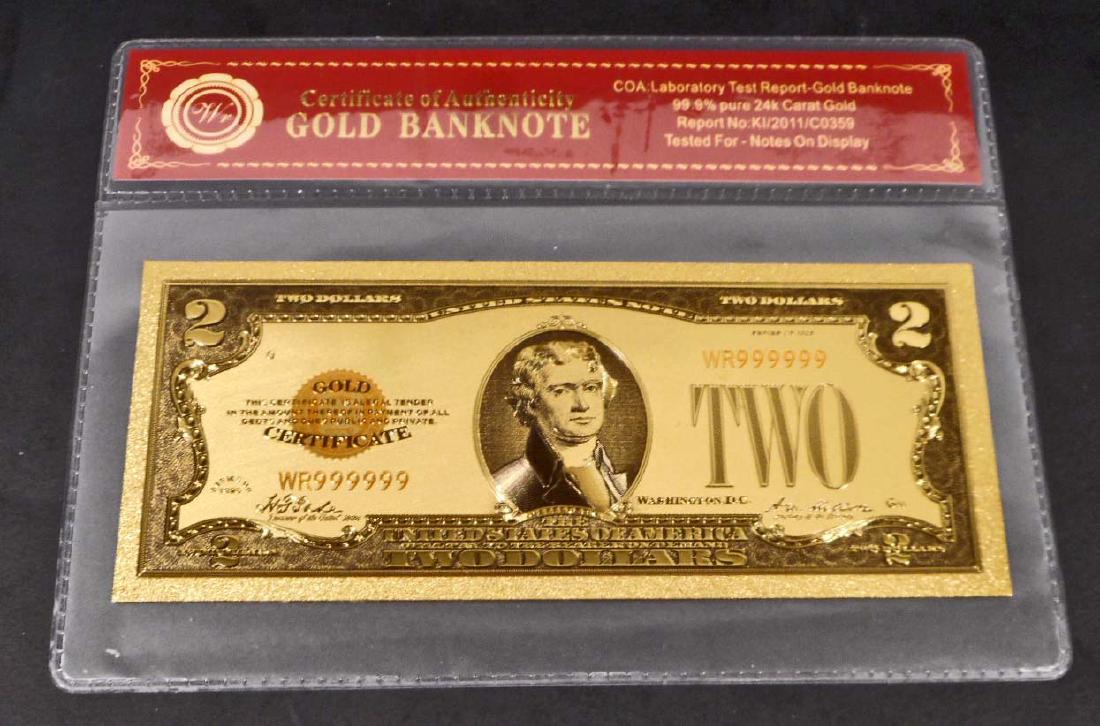 99.9% 24K TWO DOLLAR GOLD BANKNOTE W/COA: No monetary value