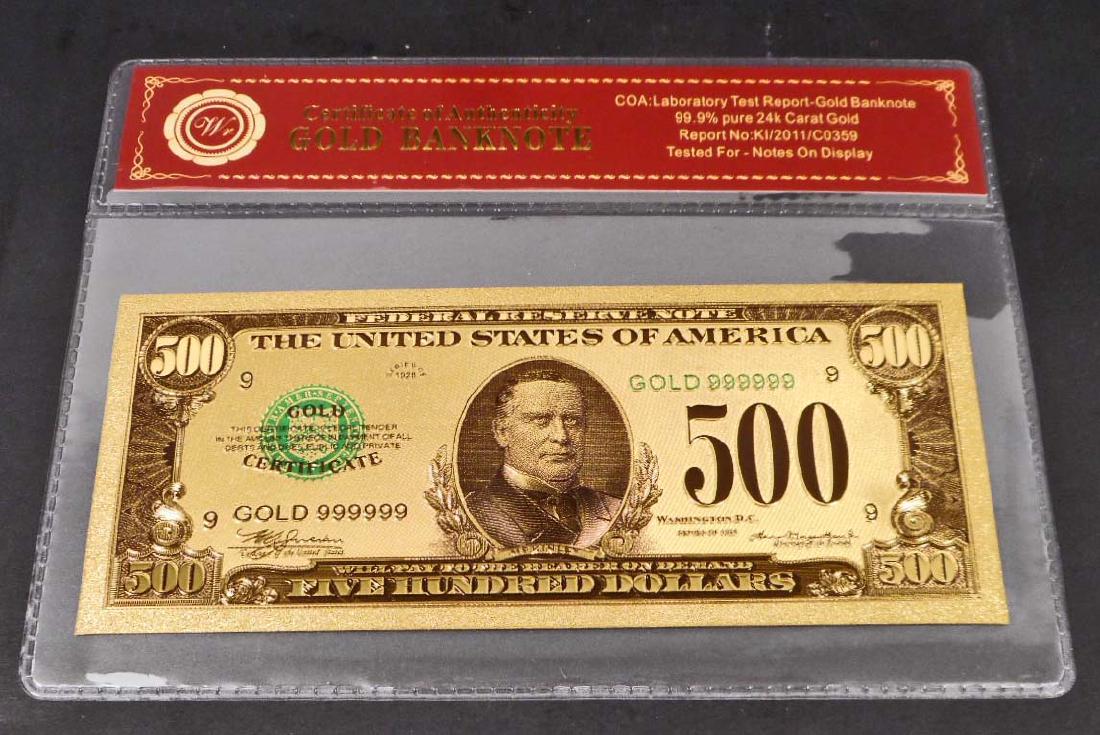 99.9% 24K FIVE HUNDRED DOLLAR GOLD BANKNOTE W/COA: No monetary value