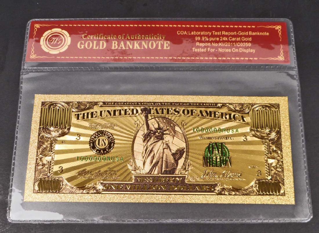 99.9% 24K ONE MILLION DOLLAR GOLD BANKNOTE W/COA: No monetary value