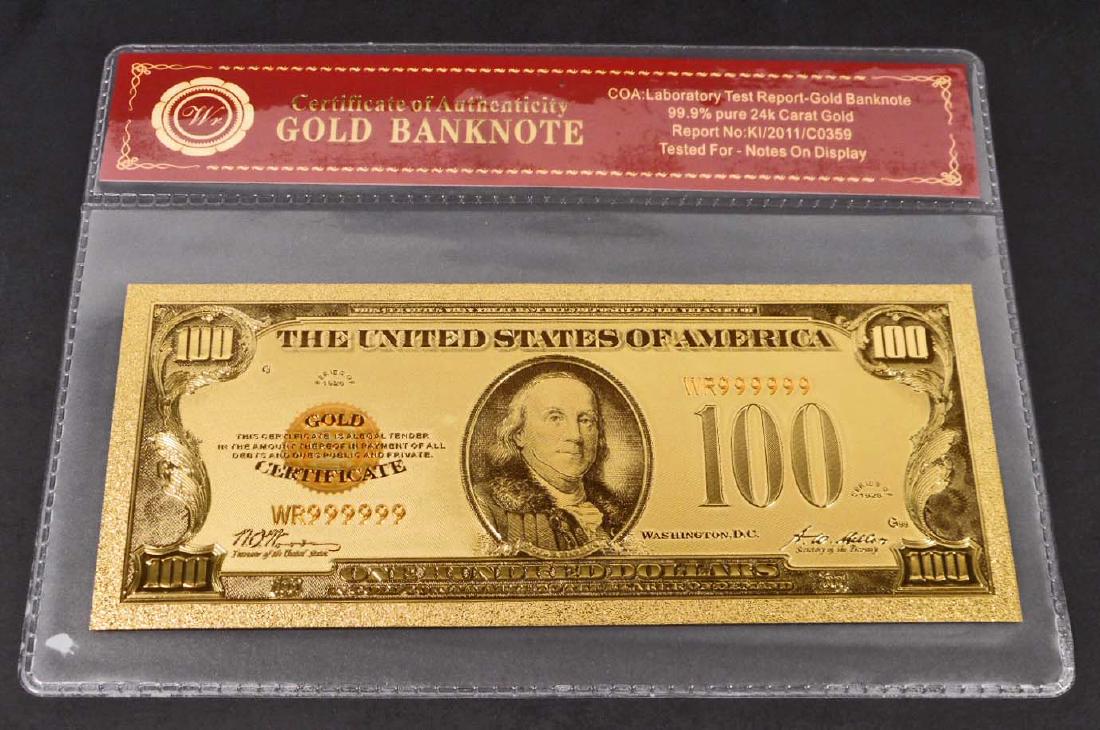 99.9% 24K ONE HUNDRED DOLLAR GOLD BANKNOTE W/COA: No monetary value