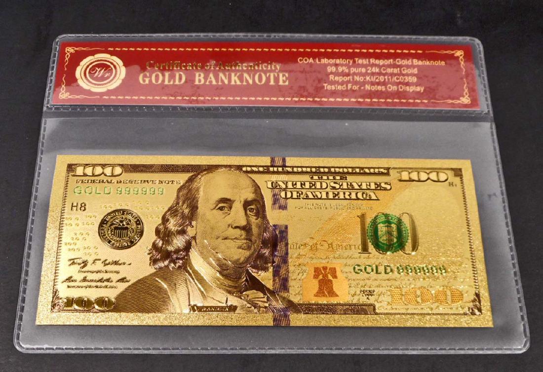 99.9% 24K ONE HUNDRED DOLLAR GOLD BANKNOTE W/COA: No monetary value