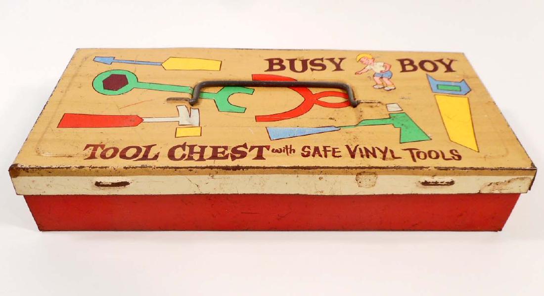 VINTAGE OHIO ART TIN LITHO BUSY BOY TOOL CHEST TOY: 8" X 3.5"