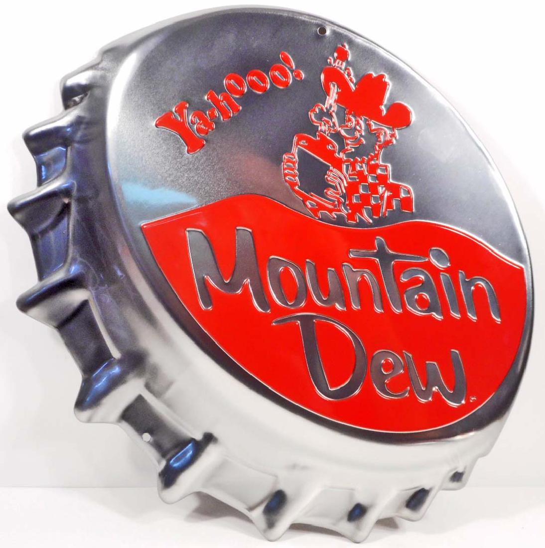 MOUNTAIN DEW BOTTLECAP EMBOSSED METAL TIN SIGN: 18" x 16"