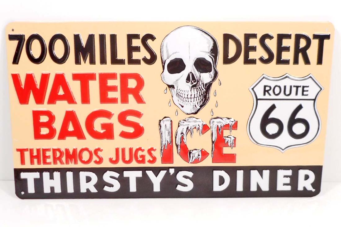 ROUTE 66 THIRSTYS DINER EMBOSSED METAL TIN SIGN: 14" x 8"