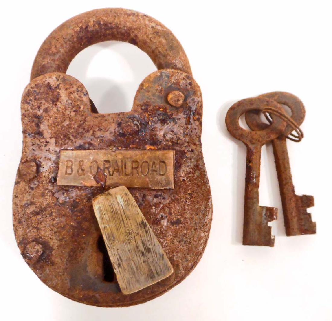 CAST IRON B & O RAILROAD PADLOCK W/ KEYS: 4" tall
