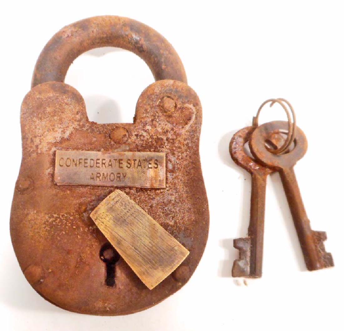 CAST IRON CONFEDERATE STATES ARMORY PADLOCK W/ KEYS: Approx. 4.5" tall