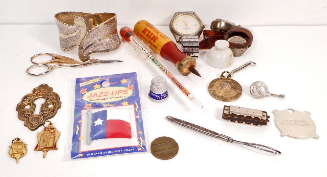 LOT OF MISCELLANEOUS TREASURES: Including, Advertising Milk Opener, Railroad Button, Advertising Thimble, Mini Hohner Harmonica, Advertising Shoe Buttoner, More!