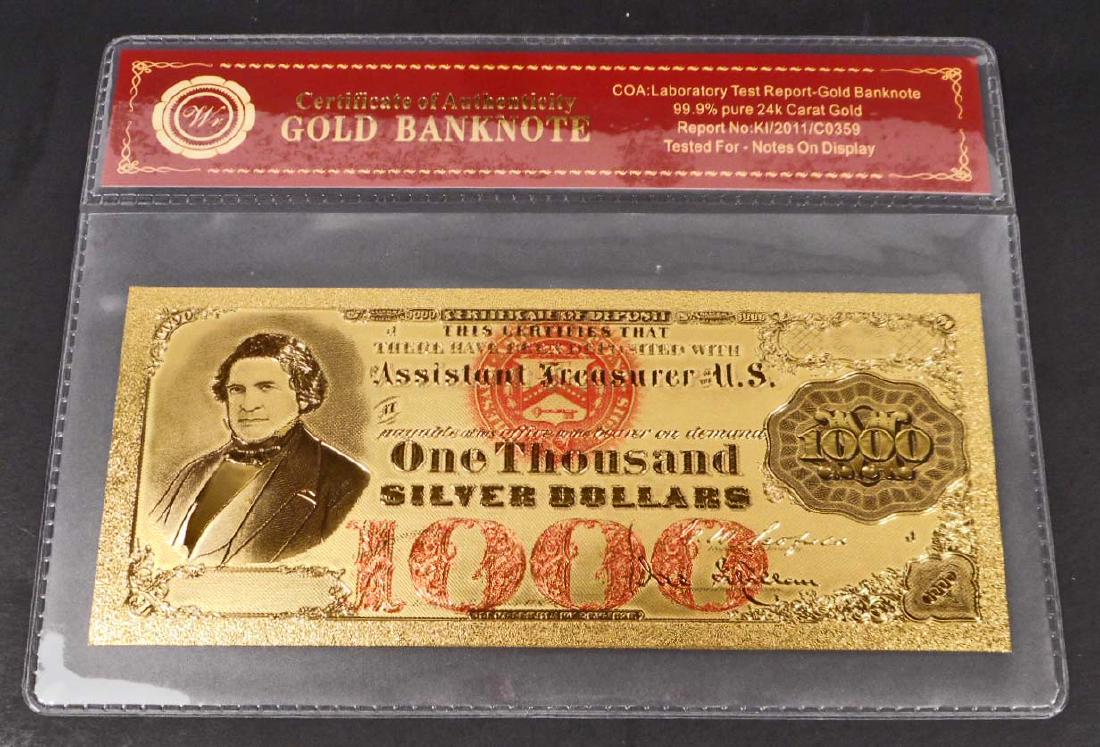 99.9% 24K ONE THOUSAND DOLLAR GOLD BANKNOTE W/COA: No monetary value