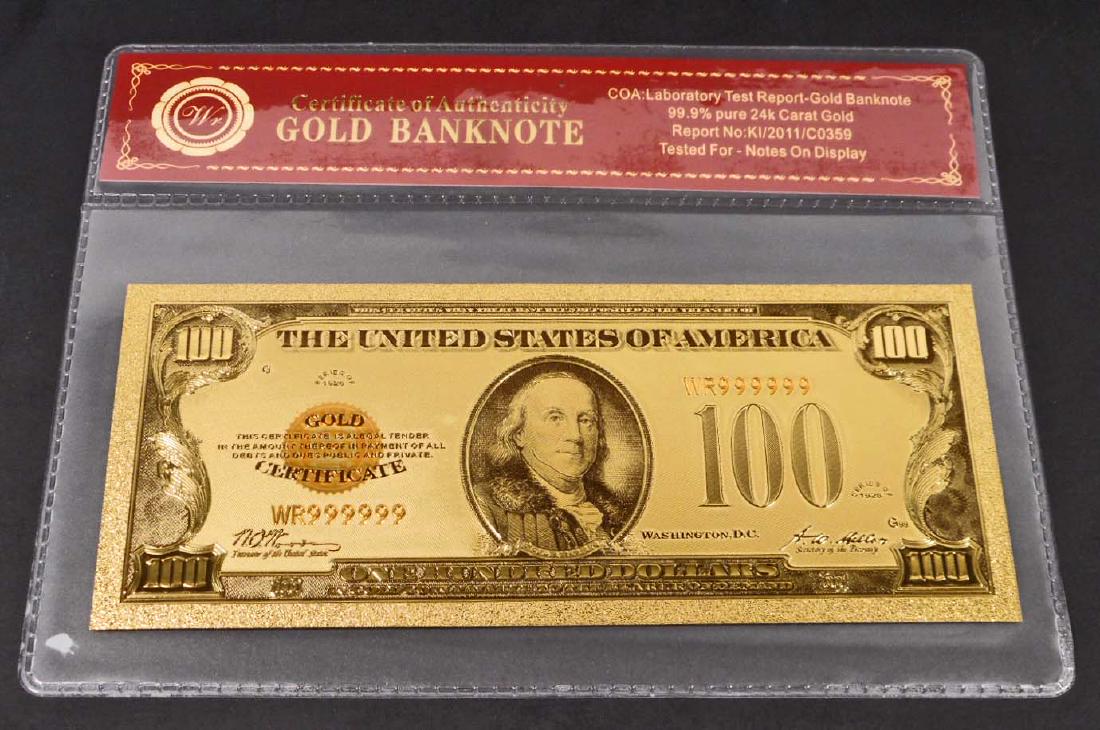 99.9% 24K ONE HUNDRED DOLLAR GOLD BANKNOTE W/COA: No monetary value