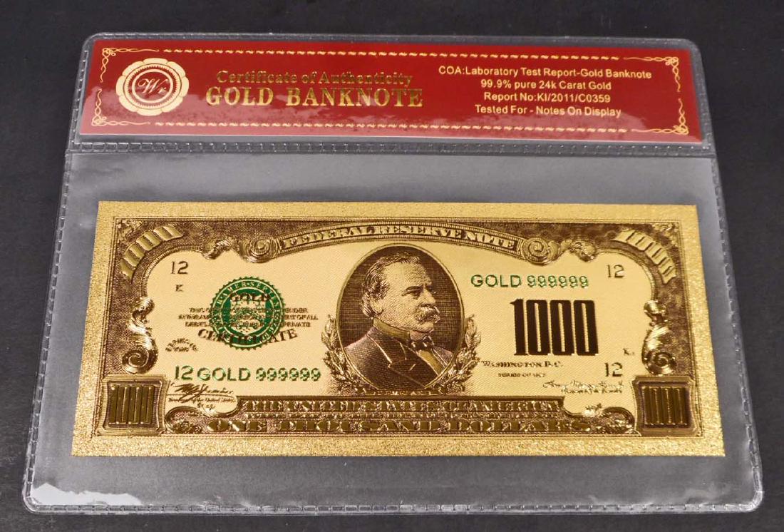 99.9% 24K ONE THOUSAND DOLLAR GOLD BANKNOTE W/COA: No monetary value