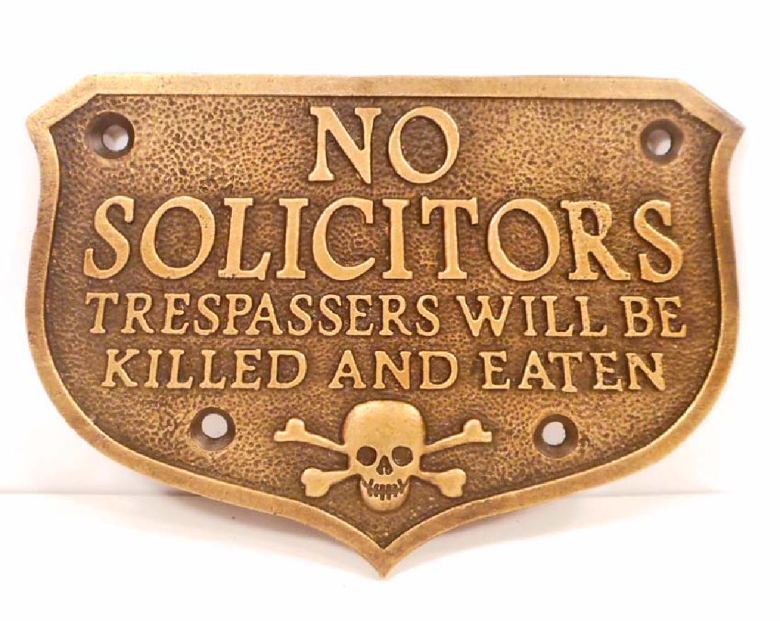 NO SOLICITORS SKULL AND CROSS BONES BRASS SIGN: 5.25" by 4"