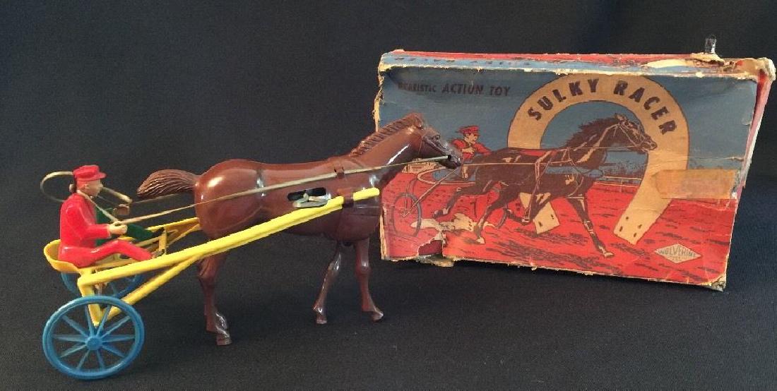 VINTAGE WOLVERINE SULKY RIDER WIND UP TOY W/ ORIG BOX: May need work to function perfectly - Box in poor condition