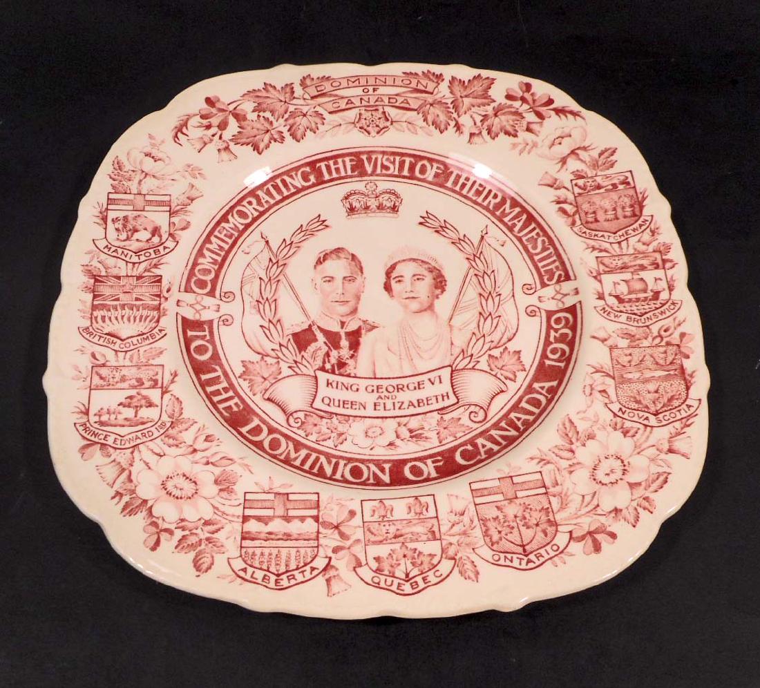 VINTAGE KING & QUEEN DOMINION OF CANADA TRANSFER WARE: Commemorating the Visit of Their Majesties King George VI & Queen Elizabeth to the Dominion of Canada 1939. 9.5" diameter. Royal Ivory china Made in England