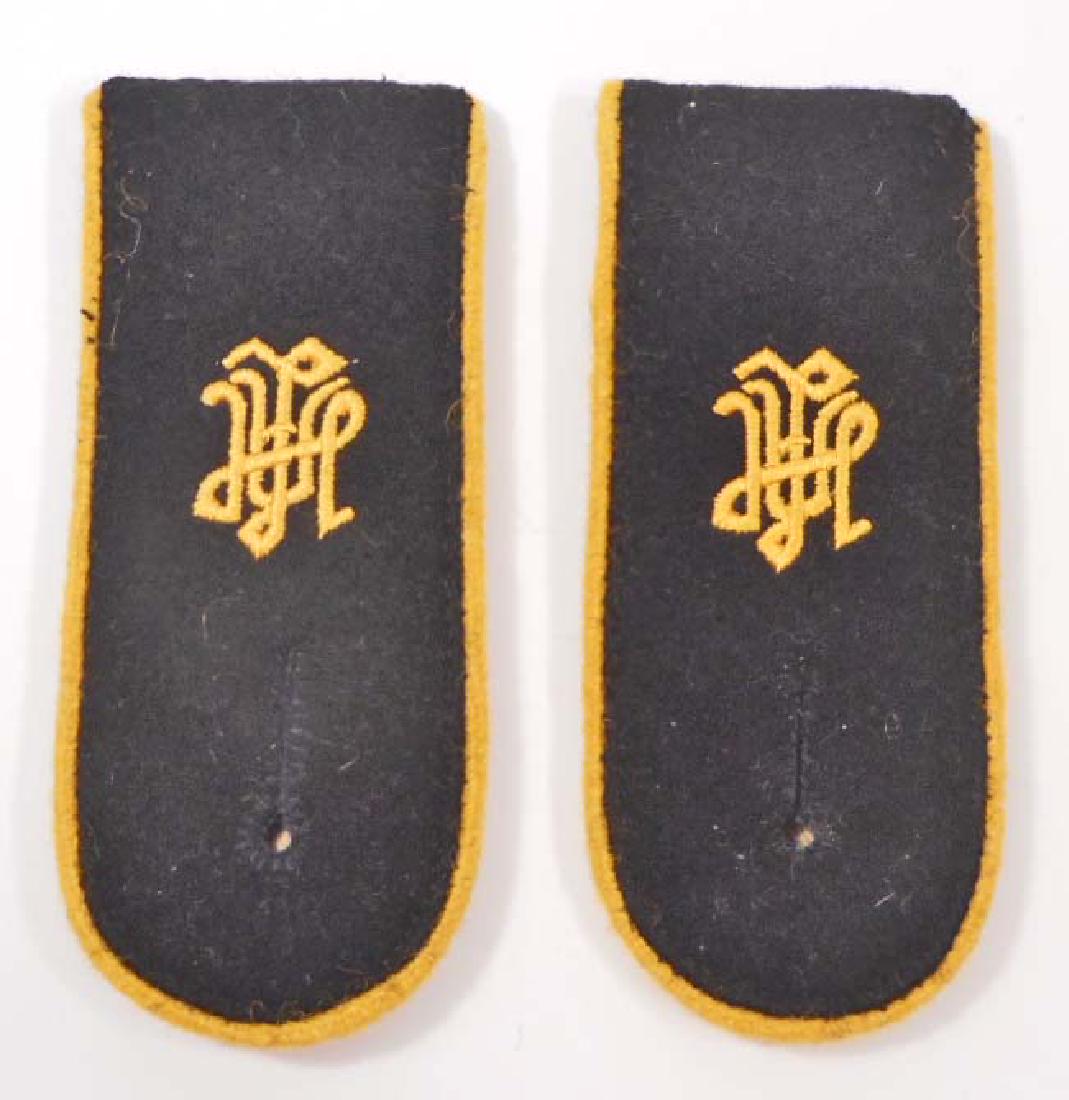 PAIR OF GERMAN NAZI WAFFEN SS LAH ADOLF HITLER DIVISION: Measures 1 7/8" wide by 8 1/4" long. The yellow piping is for SS cavalry. These are the slip on variety. Machine embroidered wool construction. For an enlisted man.