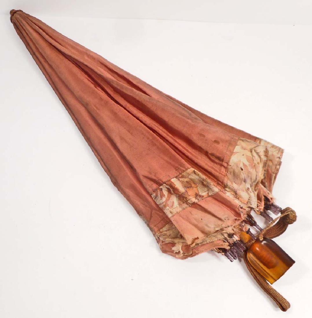 VINTAGE SILK PARASOL W/ BAMBOO & BAKELITE HANDLE: 21" tall