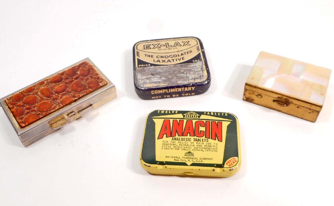 LOT OF 4 VINTAGE PILL BOXES - 2 ARE ADVERTISING TINS: Ex-Lax and Anacin metal Advertising tins and Two (2) Pill boxes.
