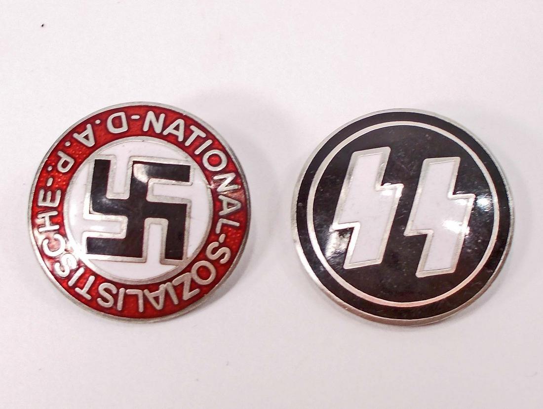 GERMAN NAZI NSDAP SWASTIKA PARTY ENAMELED LAPEL BADGE: Measures 7/8" in diameter. The front reads 'National Sozialistische DAP'. There is a swastika in the center. Also included is a Waffen SS Membership Party Pin. Both are maker marked on the reverse sid