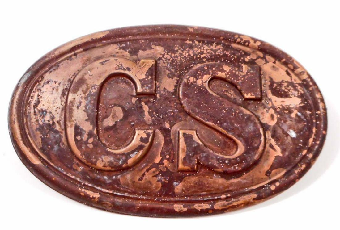 CONFEDERATE STATES CIVIL WAR CS CARTRIDGE BOX BELT: Measures 3 3/8"" wide by 2 1/8"" tall. The front shows the letters 'CS' in the center of the oval belt plate. This would have been mounted onto the front flap of the leather cartridge box.