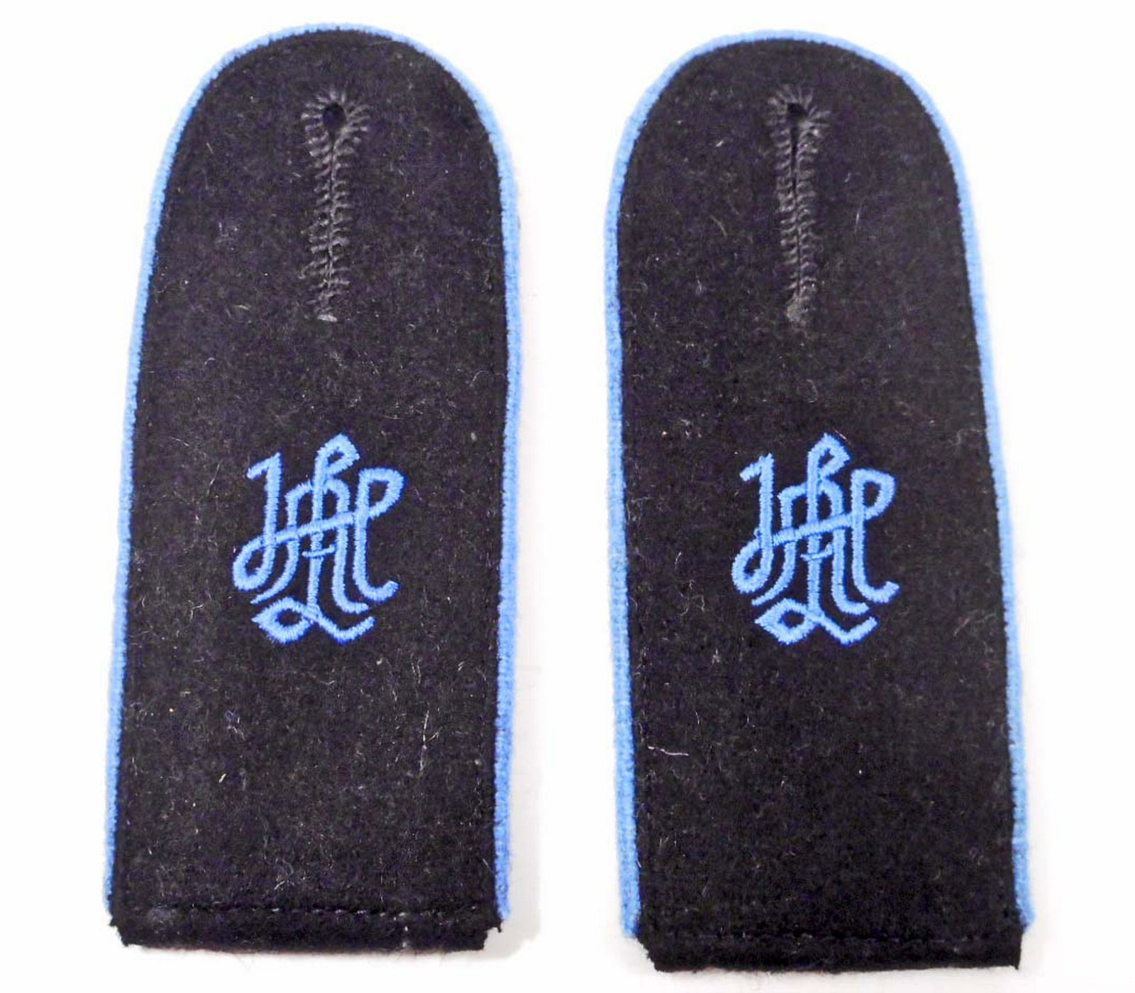 PAIR OF GERMAN NAZI WAFFEN SS LAH ADOLF HITLER DIVISION: They measure 1 7/8" wide by 8 1/4 long. They have light blue piping piping for the transport division. For an enlisted man.