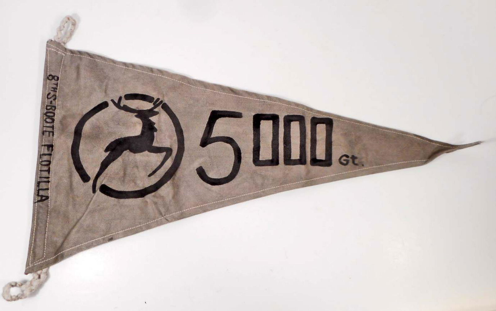 GERMAN NAZI KRIEGSMARINE NAVAL S-BOAT TONNAGE KILL FLAG: Measures 25 1/4" wide 13 3/4" tall. The front reads '8th S-Boote Flotilla 5000 gt'. Has their flotilla gazelle emblem on the left hand side. Has a rope on One (1) end for securing to a pole. Hand pain