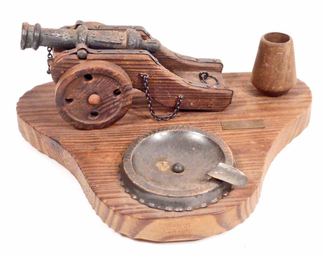 VINTAGE WOODEN CANNON SMOKE STAND: 9" by 6". Has ashtray and match holder. Made in Spain